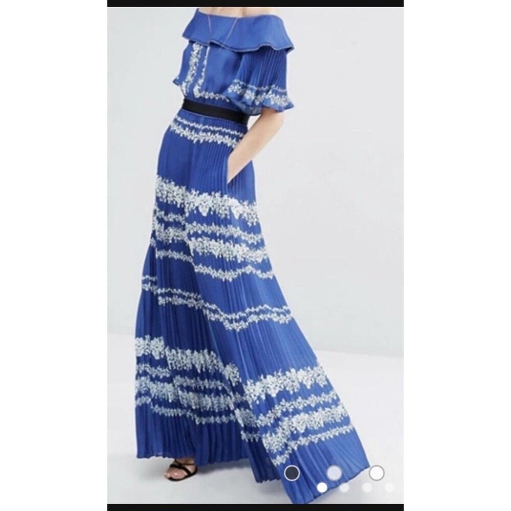 Self Portrait Off Shoulder Pleated Maxi Dress Blue Size 4 Designer Formal